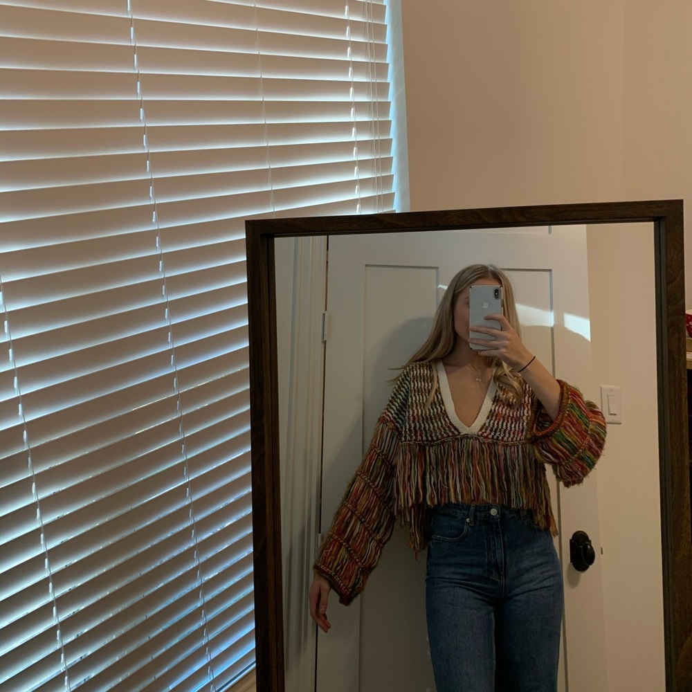 Rainbow Fringe Cropped Sweater